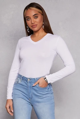 Womens Long Sleeve V Neck Tee, White, Size S