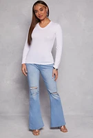Womens Long Sleeve V Neck Tee, White, Size L