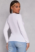 Womens Long Sleeve V Neck Tee, White, Size S