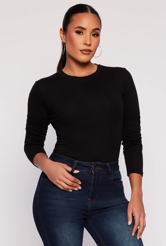 Womens Basic Long Sleeve Crew Neck Top, Black, Size M