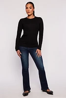 Womens Basic Long Sleeve Crew Neck Top, Black, Size M