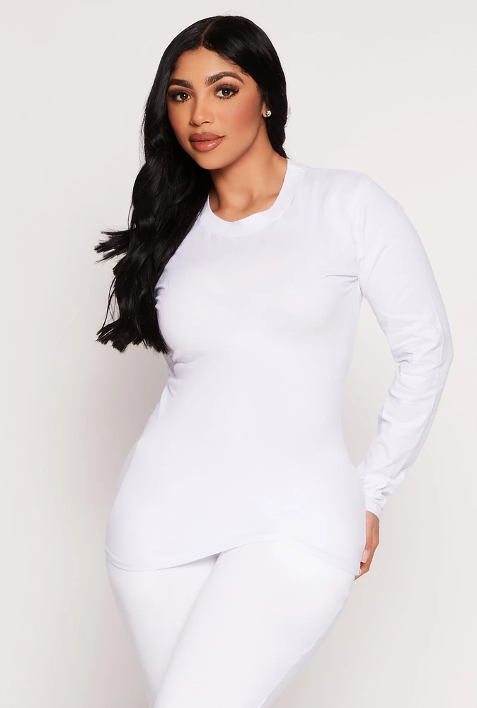 Womens Basic Long Sleeve Crew Neck Top, White, Size XL