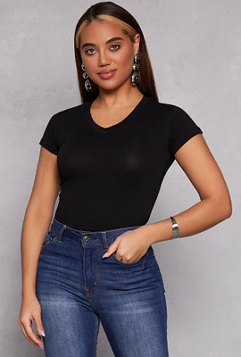 Womens Short Sleeve V Neck Top, Black, Size XL