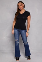 Womens Short Sleeve V Neck Top, Black, Size XL