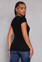 Womens Short Sleeve V Neck Top, Black, Size XL