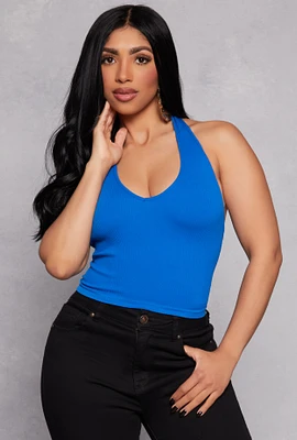 Womens Ribbed Knit Seamless Halter Top, Blue, Size S-M