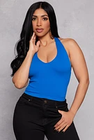 Womens Ribbed Knit Seamless Halter Top, Blue, Size S-M