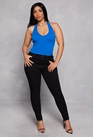 Womens Ribbed Knit Seamless Halter Top, Blue, Size S-M