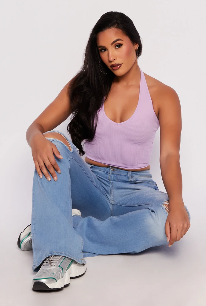 Womens Ribbed Knit Seamless Halter Top, Purple, Size L-XL