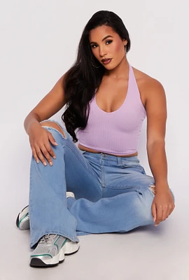 Womens Ribbed Knit Seamless Halter Top, Purple, Size L-XL