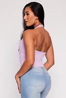 Womens Ribbed Knit Seamless Halter Top, Purple, Size L-XL
