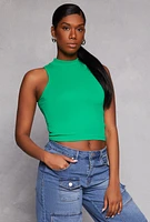 Womens Seamless Ribbed Knit Mock Neck Top, Green, Size S-M