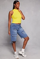 Womens Seamless Ribbed Knit Mock Neck Top, Yellow, Size S-M