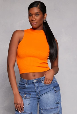 Womens Seamless Ribbed Knit Mock Neck Top, Orange, Size S-M