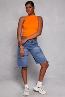 Womens Seamless Ribbed Knit Mock Neck Top, Orange, Size S-M