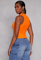 Womens Seamless Ribbed Knit Mock Neck Top, Orange, Size S-M