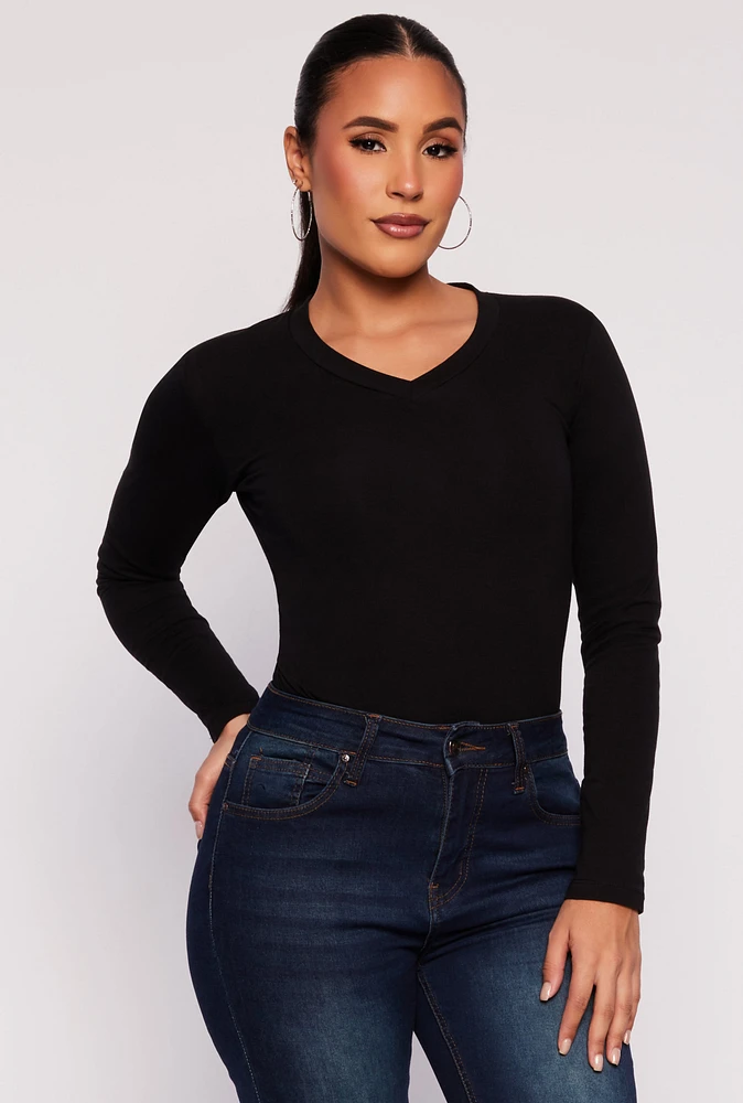Womens V Neck Long Sleeve T Shirt, Black, Size L