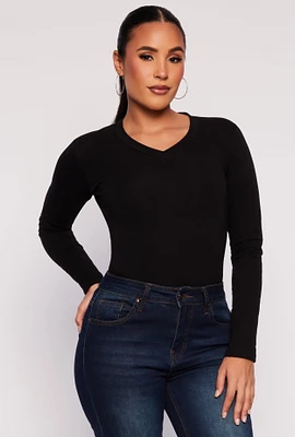 Womens V Neck Long Sleeve T Shirt, Black, Size L