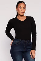 Womens V Neck Long Sleeve T Shirt, Black, Size L