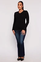 Womens V Neck Long Sleeve T Shirt, Black, Size L