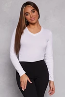 Womens V Neck Long Sleeve T Shirt, White, Size L