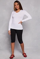 Womens V Neck Long Sleeve T Shirt, White, Size L