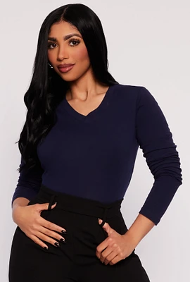 Womens V Neck Long Sleeve T Shirt, Blue, Size L