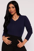 Womens V Neck Long Sleeve T Shirt, Blue, Size L