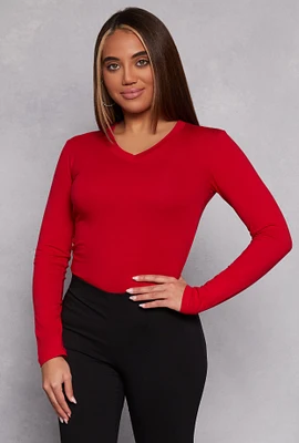 Womens V Neck Long Sleeve T Shirt, Red, Size L