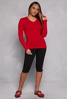 Womens V Neck Long Sleeve T Shirt, Red, Size L