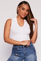 Womens Johnny Collar Seamless Cropped Tank Top, White, Size L-XL