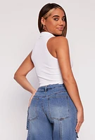 Womens Johnny Collar Seamless Cropped Tank Top, White, Size L-XL