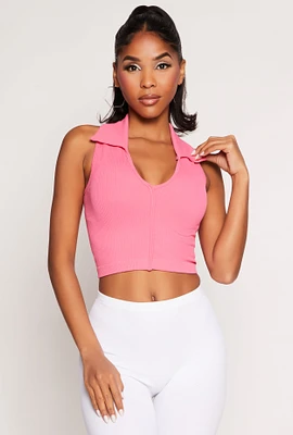 Womens Johnny Collar Seamless Cropped Tank Top, Pink, Size L-XL