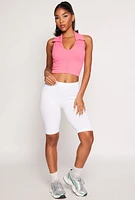 Womens Johnny Collar Seamless Cropped Tank Top, Pink, Size L-XL