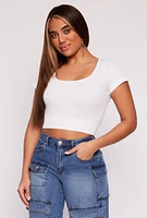 Womens Seamless Ribbed Knit Short Sleeve Crop Top, White, Size XL