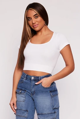 Womens Seamless Ribbed Knit Short Sleeve Crop Top, White, Size S-M