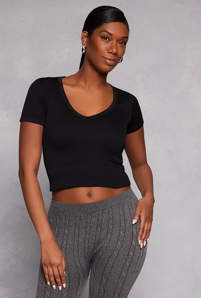 Womens Seamless Ribbed Knit V Neck Crop Top, Black, Size S-M