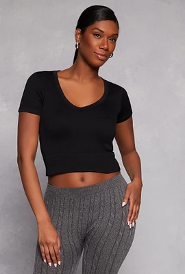 Womens Seamless Ribbed Knit V Neck Crop Top, Black, Size S-M