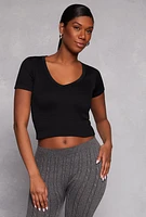 Womens Seamless Ribbed Knit V Neck Crop Top, Black, Size S-M