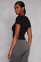 Womens Seamless Ribbed Knit V Neck Crop Top, Black, Size S-M