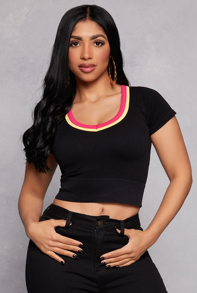 Womens Seamless Ribbed Contrast V Neck Crop Top, Black, Size S-M