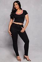 Womens Seamless Ribbed Contrast V Neck Crop Top, Black, Size L-XL