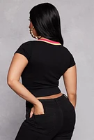 Womens Seamless Ribbed Contrast V Neck Crop Top, Black, Size L-XL