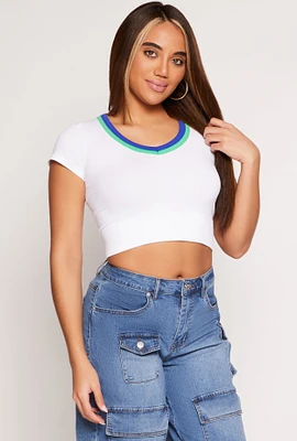 Womens Seamless Ribbed Contrast V Neck Crop Top, White, Size L-XL