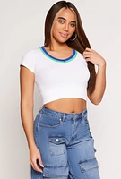 Womens Seamless Ribbed Contrast V Neck Crop Top, White, Size L-XL
