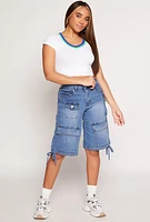 Womens Seamless Ribbed Contrast V Neck Crop Top, White, Size L-XL