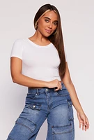 Womens Seamless Crew Neck Crop Top, White, Size L-XL