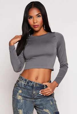 Womens Seamless Long Sleeve Crop Top, Grey, Size M-L