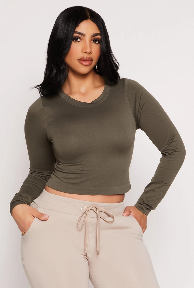 Womens Seamless Long Sleeve Crop Top, Green, Size S-M