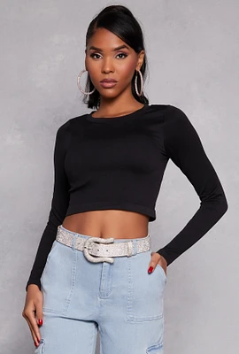 Womens Seamless Ribbed Knit Crew Neck Crop Top, Black, Size M-L